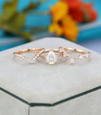 3PCS Pear Cut Rose Gold Wedding Bridal Moissanite Engagement Ring Set With Matching Band - JBR Jeweler