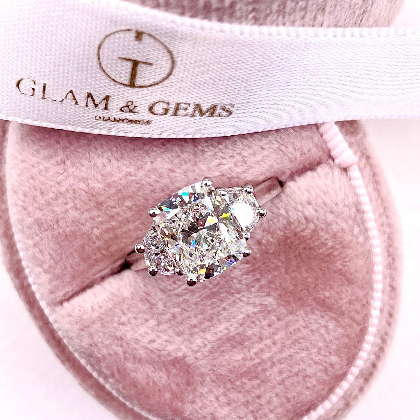 4.61 Carat Cushion Cut Lab Grown CVD Diamond Three-Stone Engagement Ring