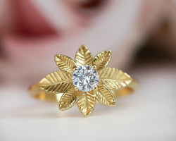 5.50MM Round Cut White Moissanite Yellow Gold Leaves Engagement Promise Ring For Women - JBR Jeweler