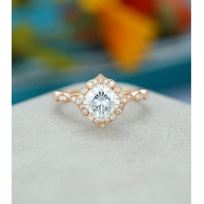 5.5MM Cushion Cut Flower Halo Vintage Yellow Gold Half Moissanite Engagement Ring - JBR Jeweler