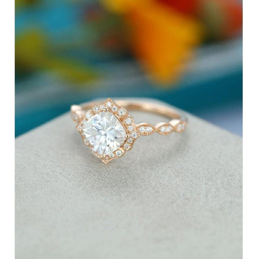 5.5MM Cushion Cut Flower Halo Vintage Yellow Gold Half Moissanite Engagement Ring - JBR Jeweler