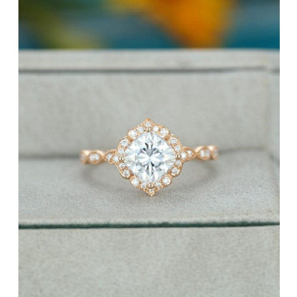 5.5MM Cushion Cut Flower Halo Vintage Yellow Gold Half Moissanite Engagement Ring - JBR Jeweler