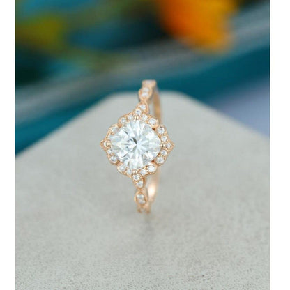 5.5MM Cushion Cut Flower Halo Vintage Yellow Gold Half Moissanite Engagement Ring - JBR Jeweler