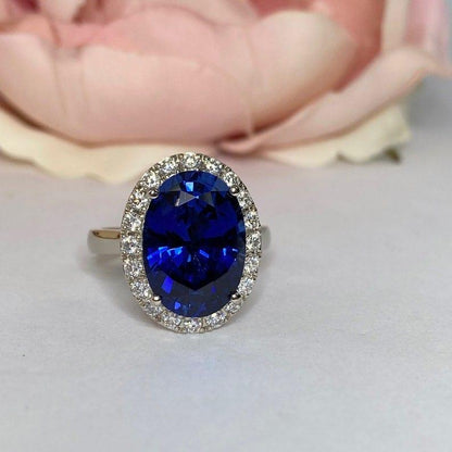 5.80ct Oval Blue Sapphire Gemstone Diamond Halo Engagement Ring - JBR Jeweler