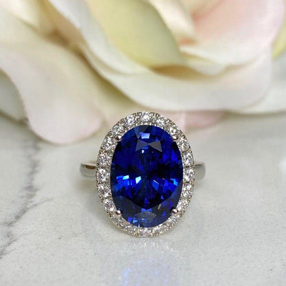 5.80ct Oval Blue Sapphire Gemstone Diamond Halo Engagement Ring - JBR Jeweler