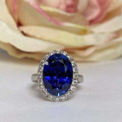 5.80ct Oval Blue Sapphire Gemstone Diamond Halo Engagement Ring - JBR Jeweler