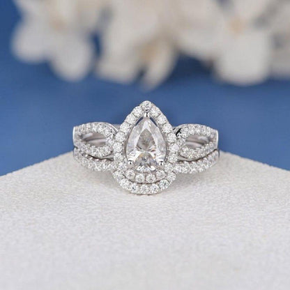 5x7mm Pear Shape Halo Antique Women Bridal Unique Moissanite Engagement Ring Set - JBR Jeweler