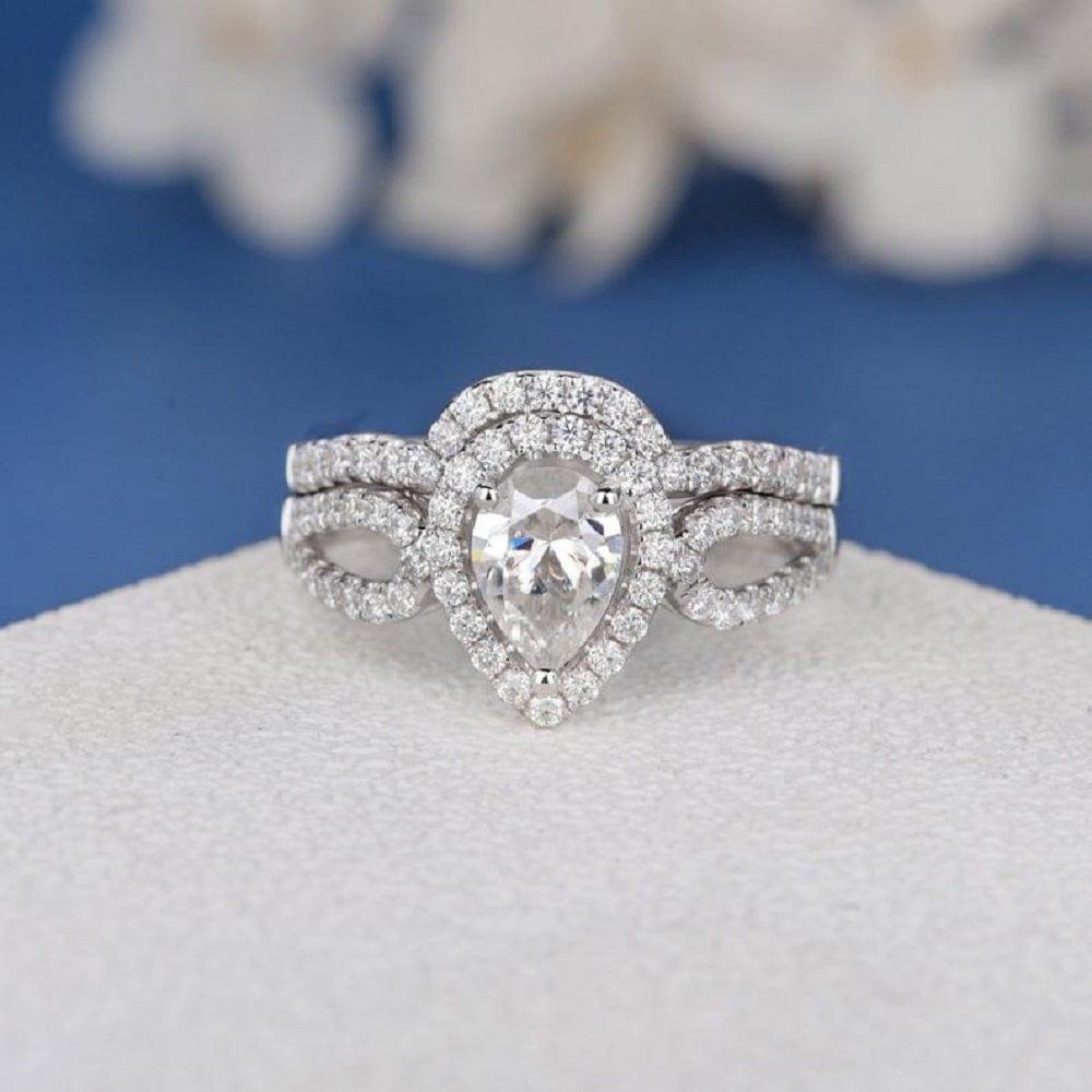 5x7mm Pear Shape Halo Antique Women Bridal Unique Moissanite Engagement Ring Set - JBR Jeweler