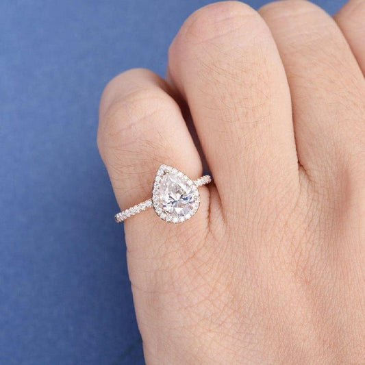 6x8 mm Pear Cut Diamond Moissanite Halo Engagement Ring - JBR Jeweler