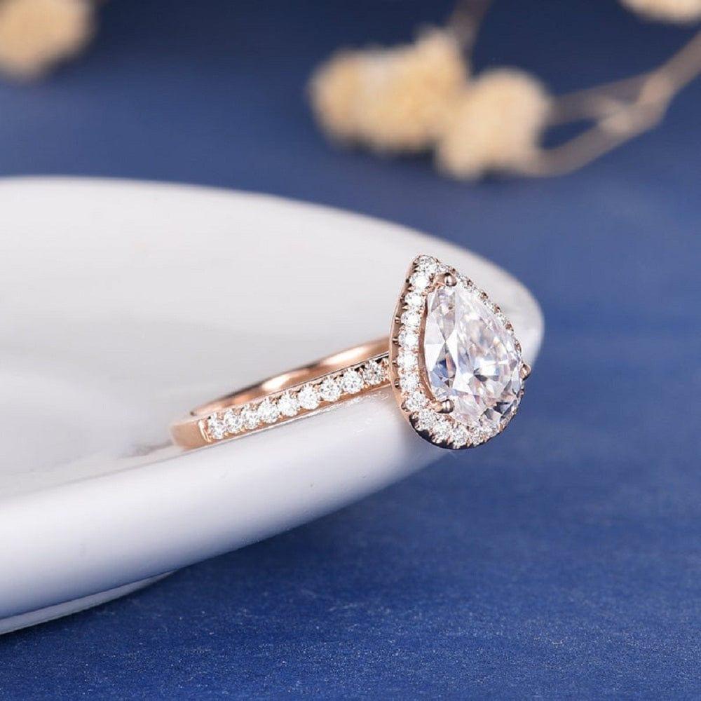 6x8 mm Pear Cut Diamond Moissanite Halo Engagement Ring