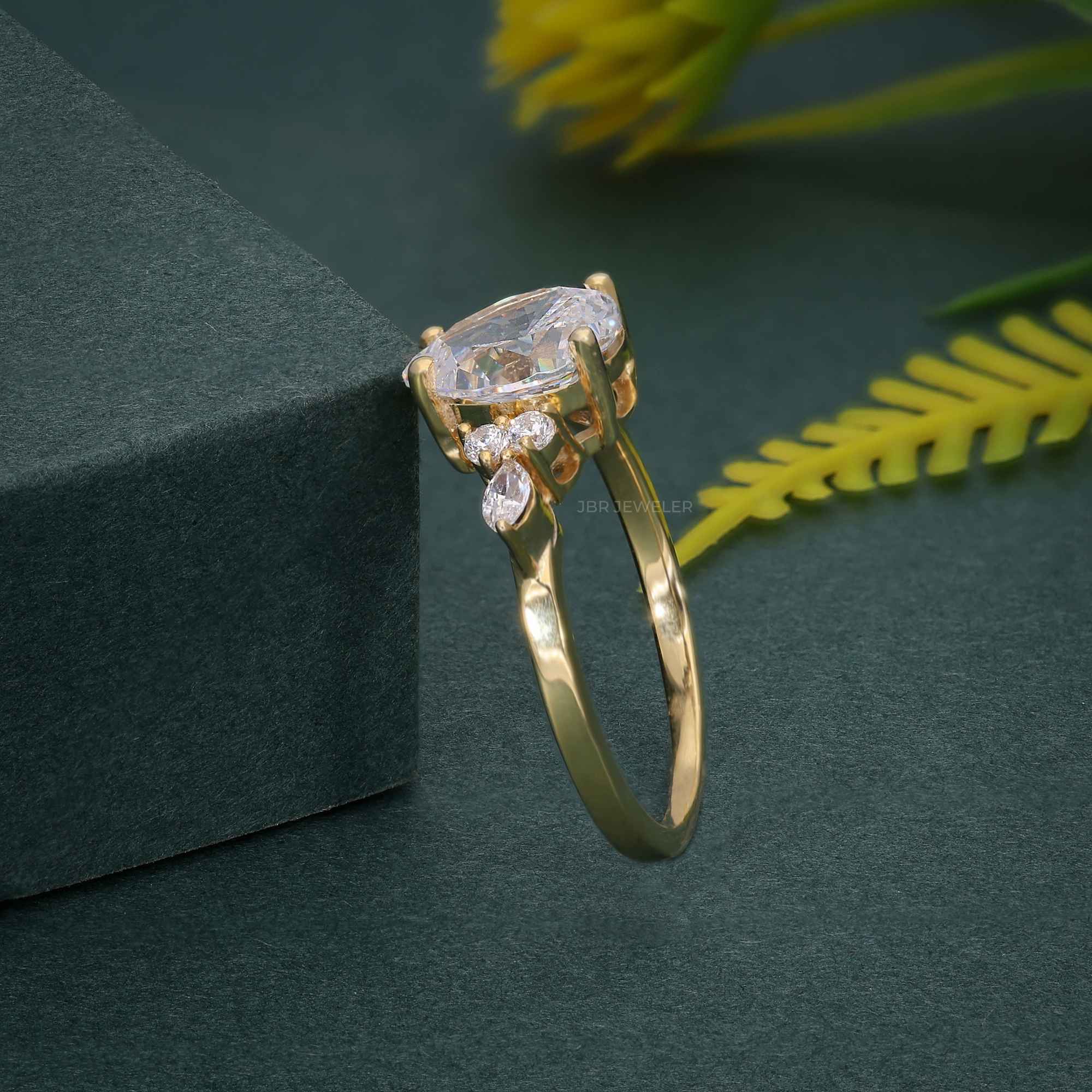 7x9 MM Pear Unique Cluster Gold Moissanite Engagement Ring - JBR Jeweler