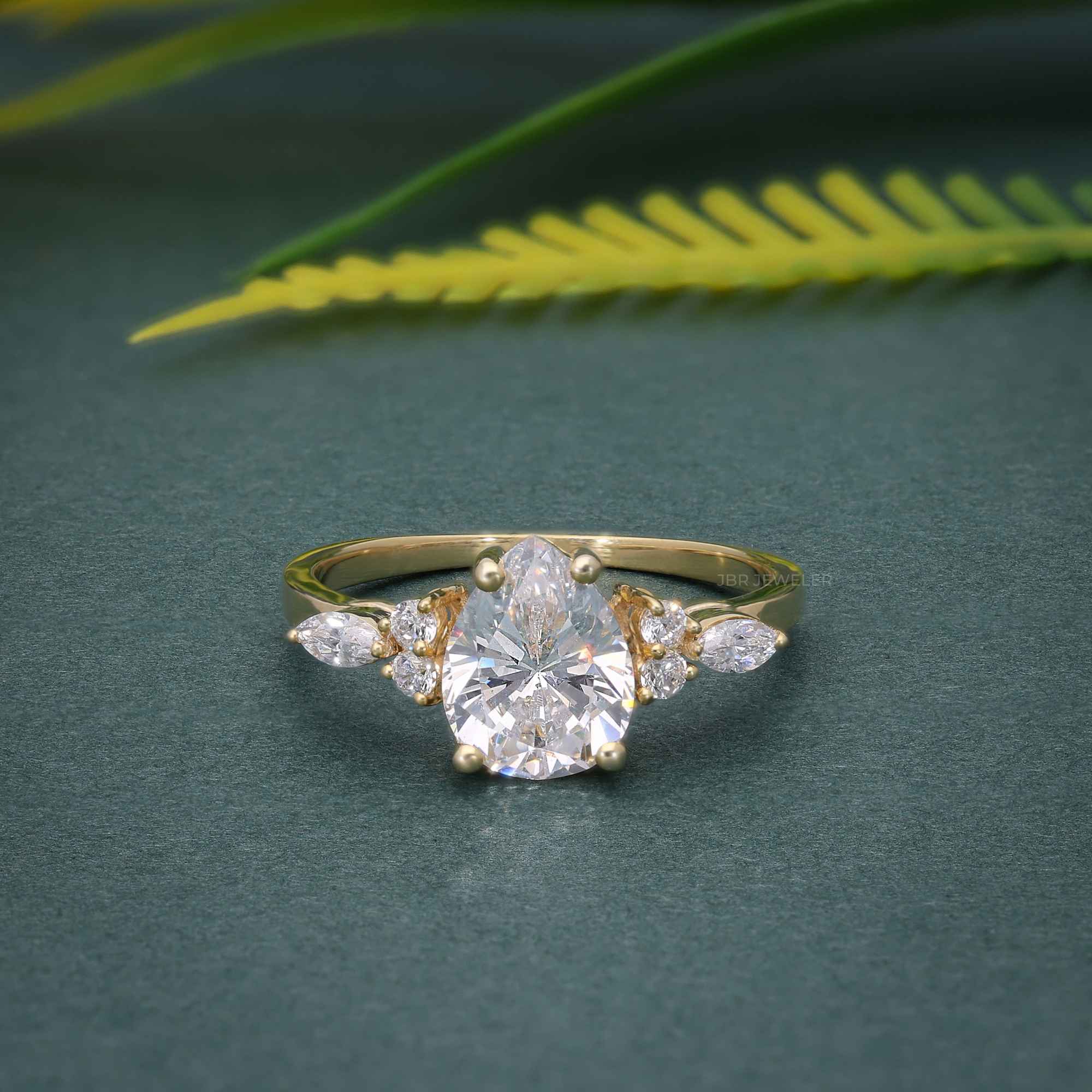 7x9 MM Pear Unique Cluster Gold Moissanite Engagement Ring
