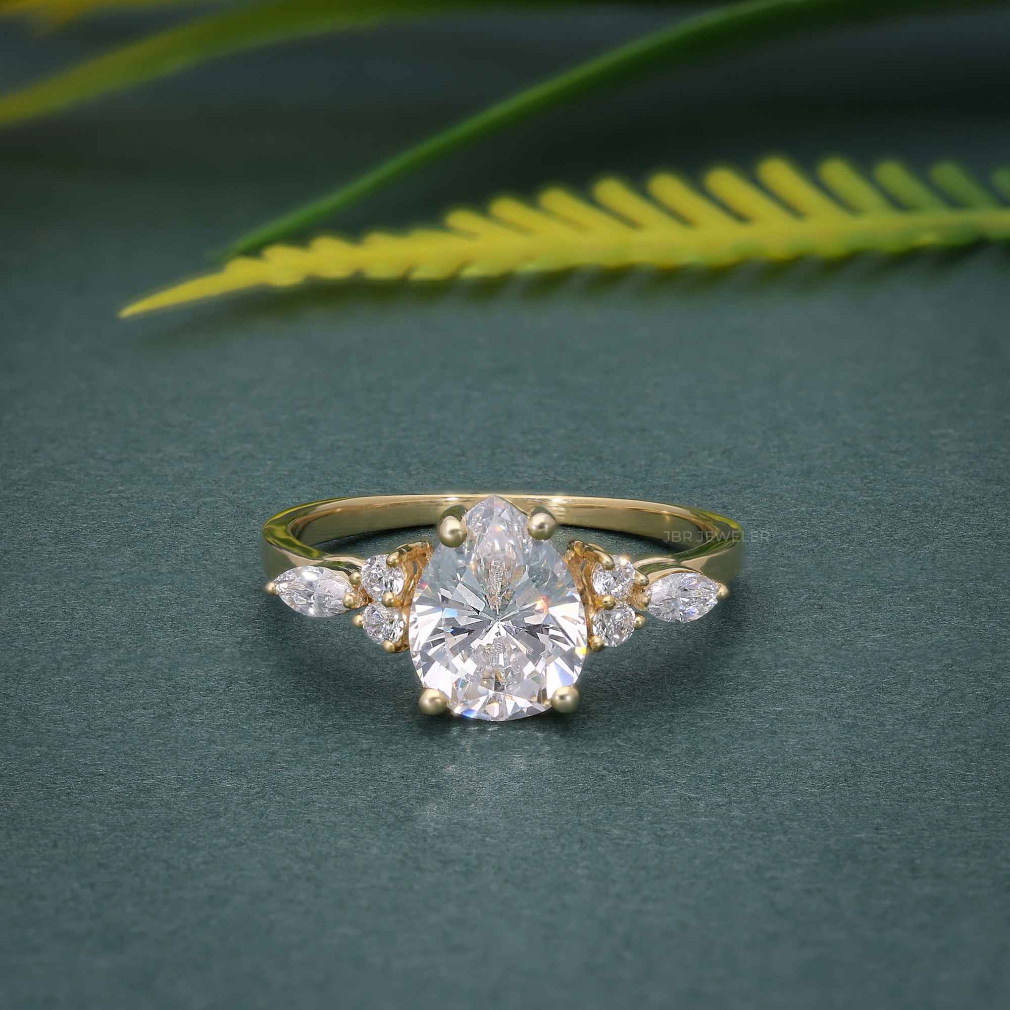 7x9 MM Pear Unique Cluster Gold Moissanite Engagement Ring - JBR Jeweler