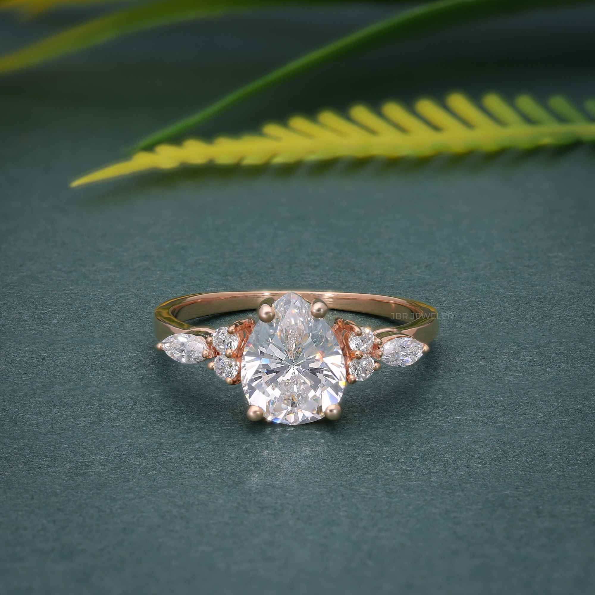 7x9 MM Pear Unique Cluster Gold Moissanite Engagement Ring - JBR Jeweler