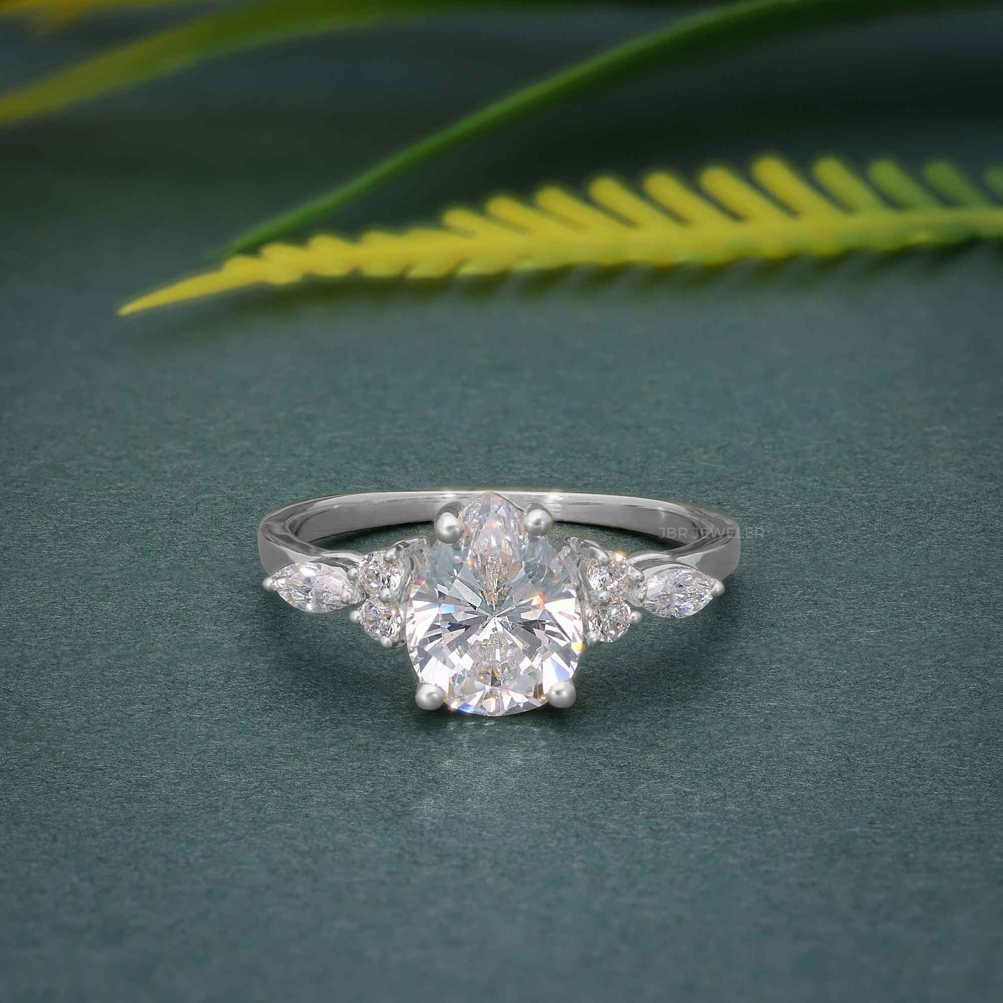 7x9 MM Pear Unique Cluster Gold Moissanite Engagement Ring - JBR Jeweler