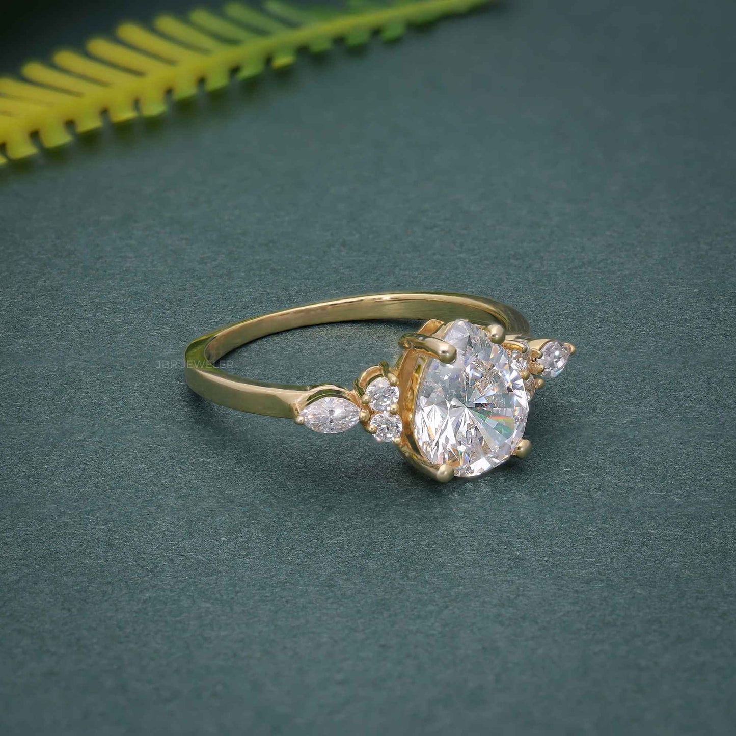 7x9 MM Pear Unique Cluster Gold Moissanite Engagement Ring