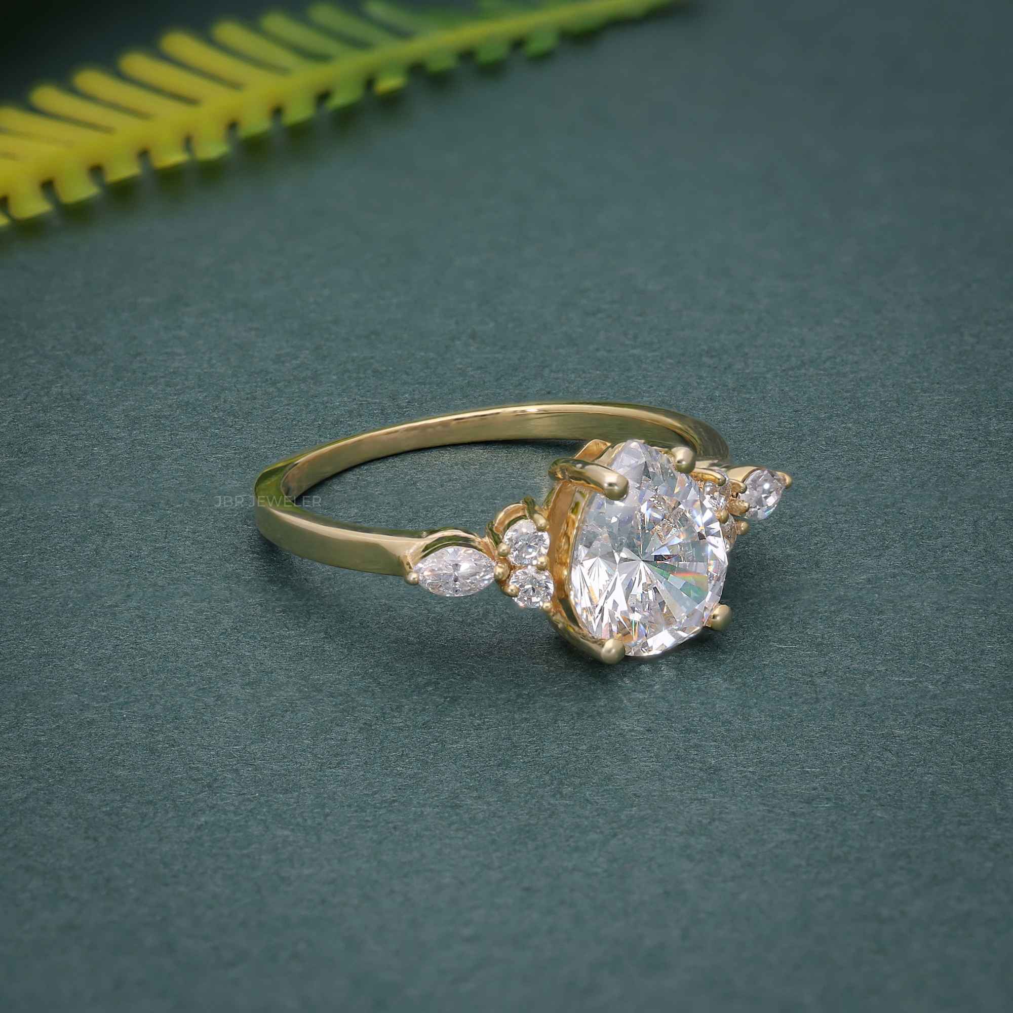 7x9 MM Pear Unique Cluster Gold Moissanite Engagement Ring - JBR Jeweler
