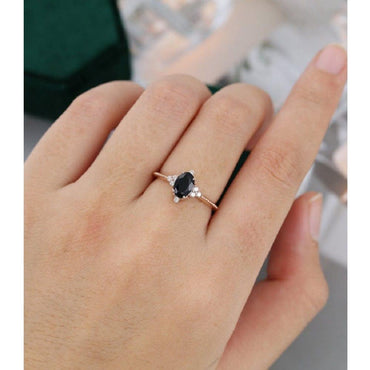 8x6 MM Oval Cut Black Moissanite Rose Gold Women Diamond Cluster Engagement Ring - JBR Jeweler