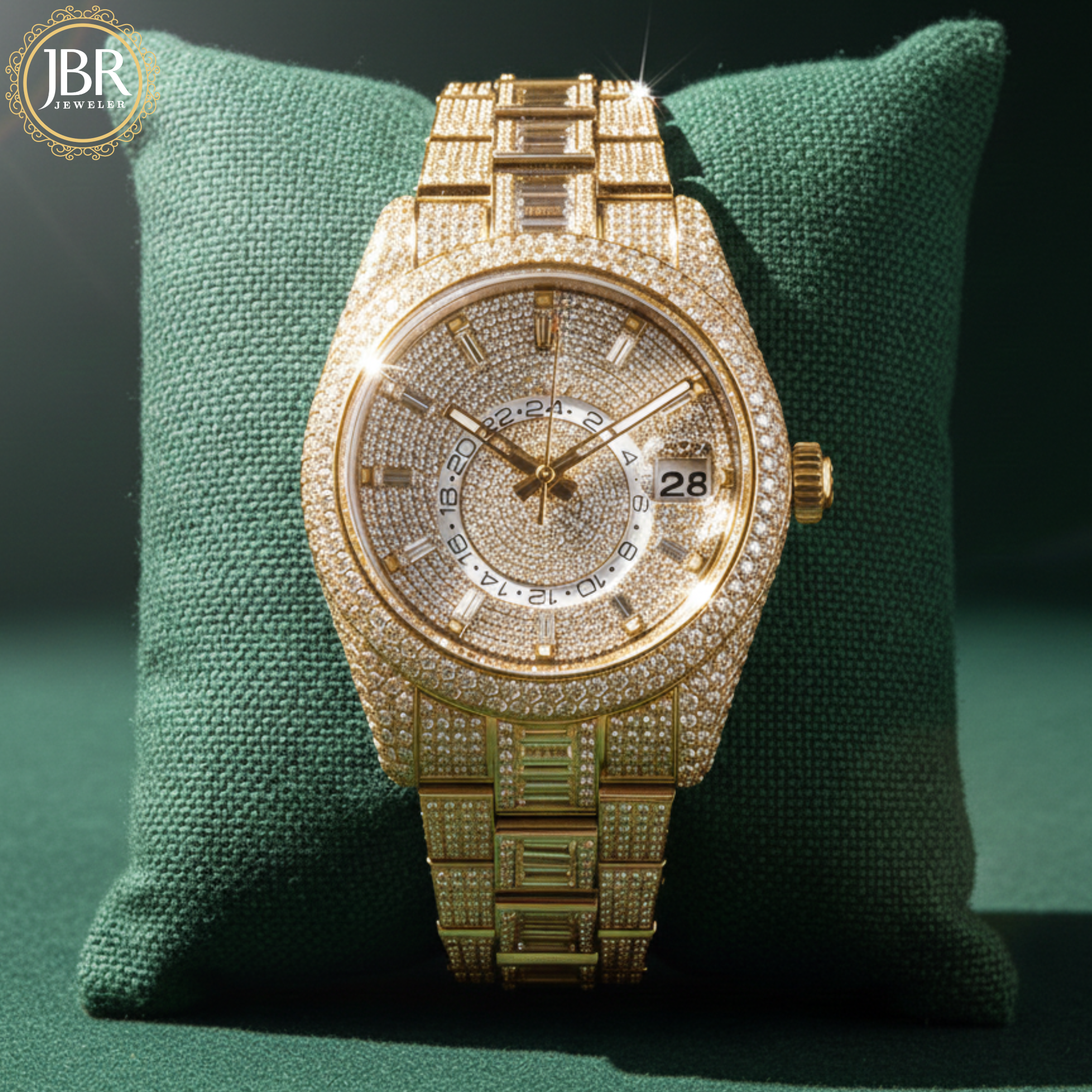 Elegant custom moissanite fully studded iced out VVS watch for men with sparkling stones, bold luxury design, and polished metal strap.