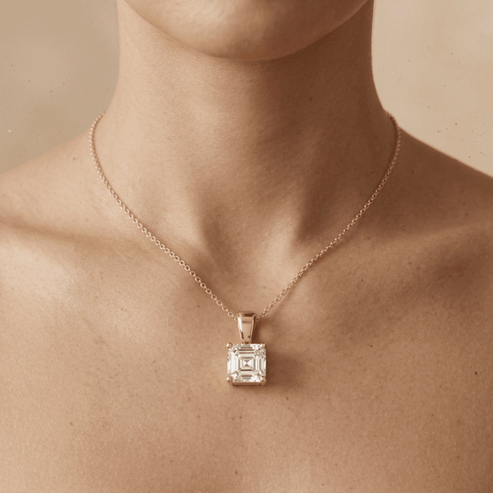 Asscher Cut Lab Diamond Solitaire Pendant Necklace in Yellow Gold