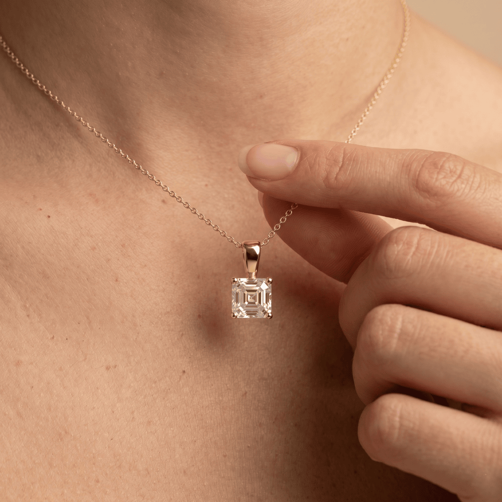Asscher Cut Lab Diamond Solitaire Pendant Necklace in Yellow Gold