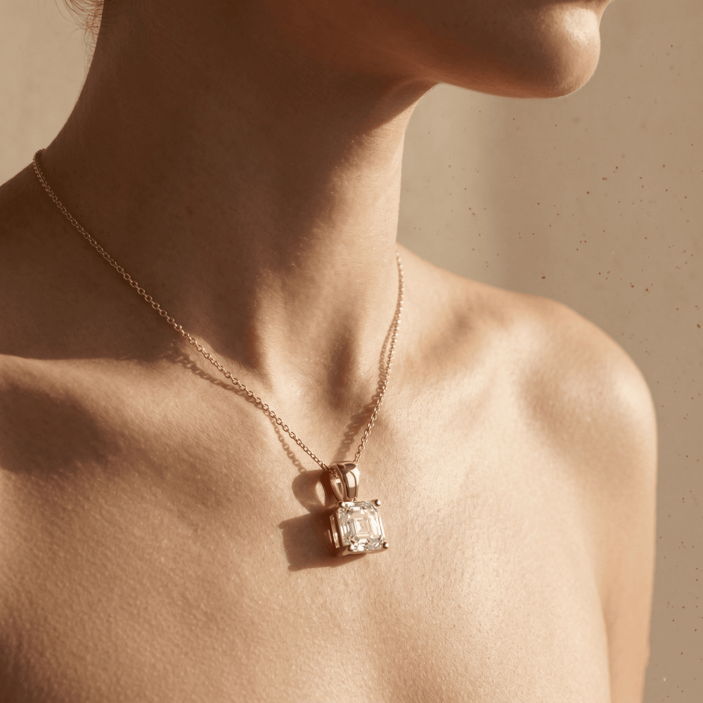 Asscher Cut Lab Diamond Solitaire Pendant Necklace in Yellow Gold