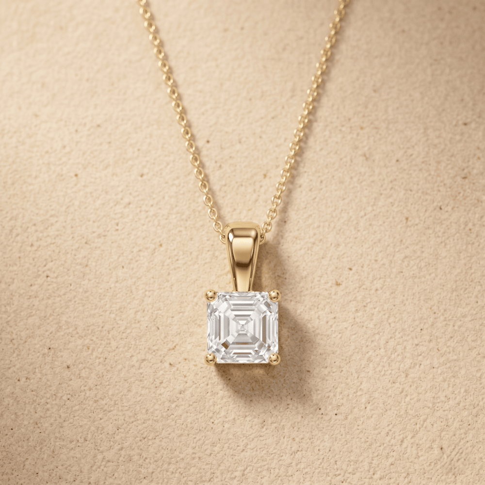 Asscher Cut Lab Diamond Solitaire Pendant Necklace in Yellow Gold