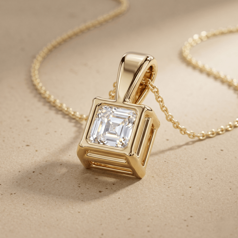 Asscher Cut Lab Diamond Solitaire Pendant Necklace in Yellow Gold