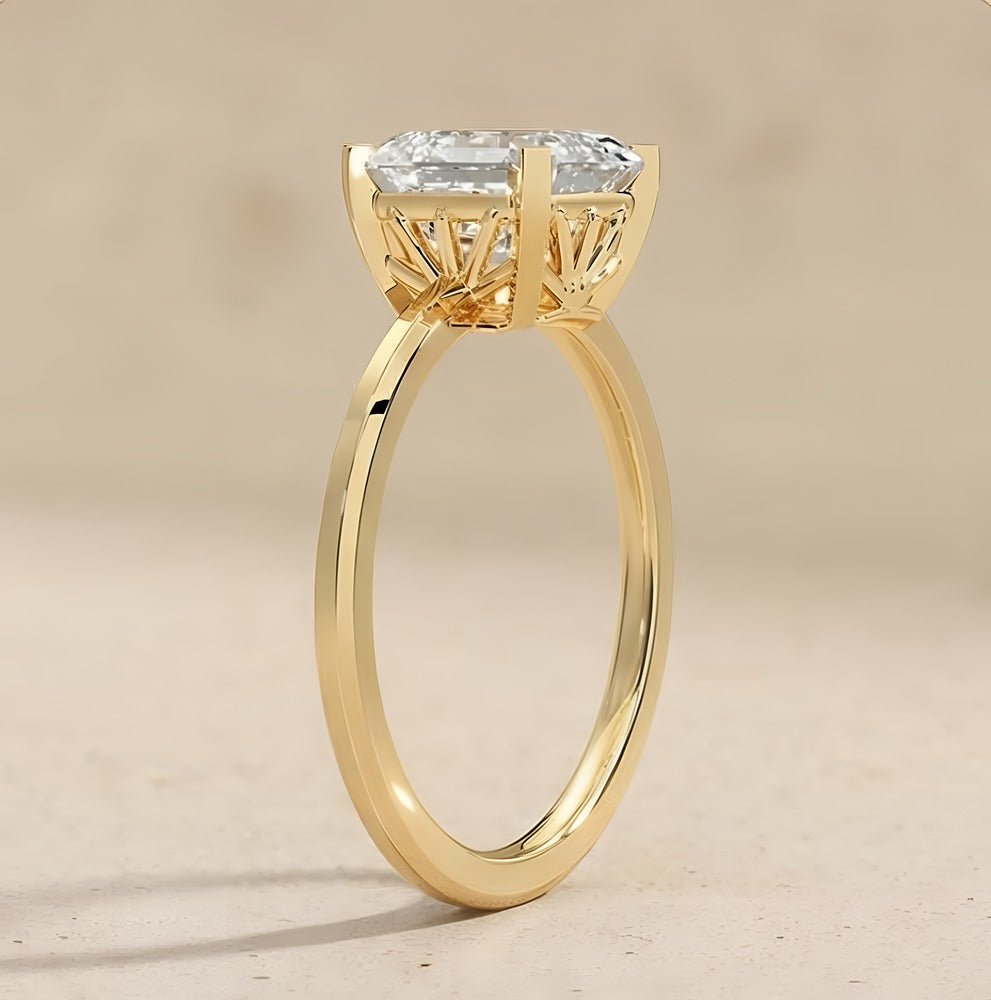Close-up of vintage Asscher diamond wedding ring