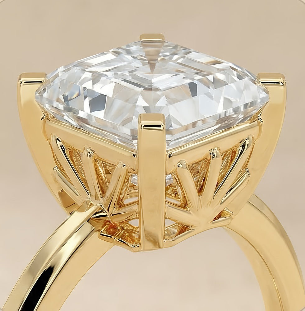 Close-up of vintage Asscher diamond wedding ring