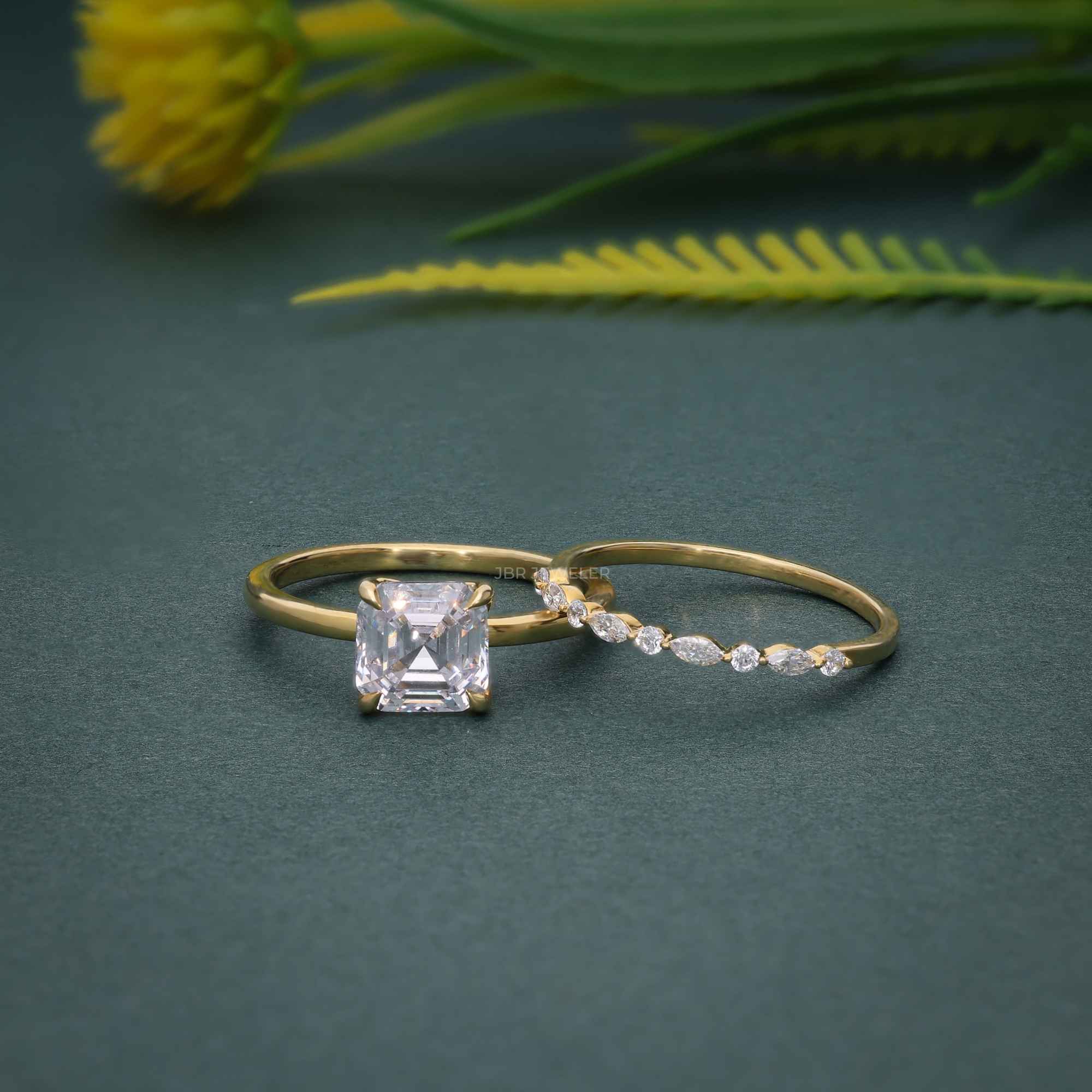 Asscher Cut Solitaire Lab Grown Diamond Wedding Bridal Ring Sets
