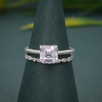 Asscher Cut Solitaire Lab Grown Diamond Wedding Bridal Ring Sets