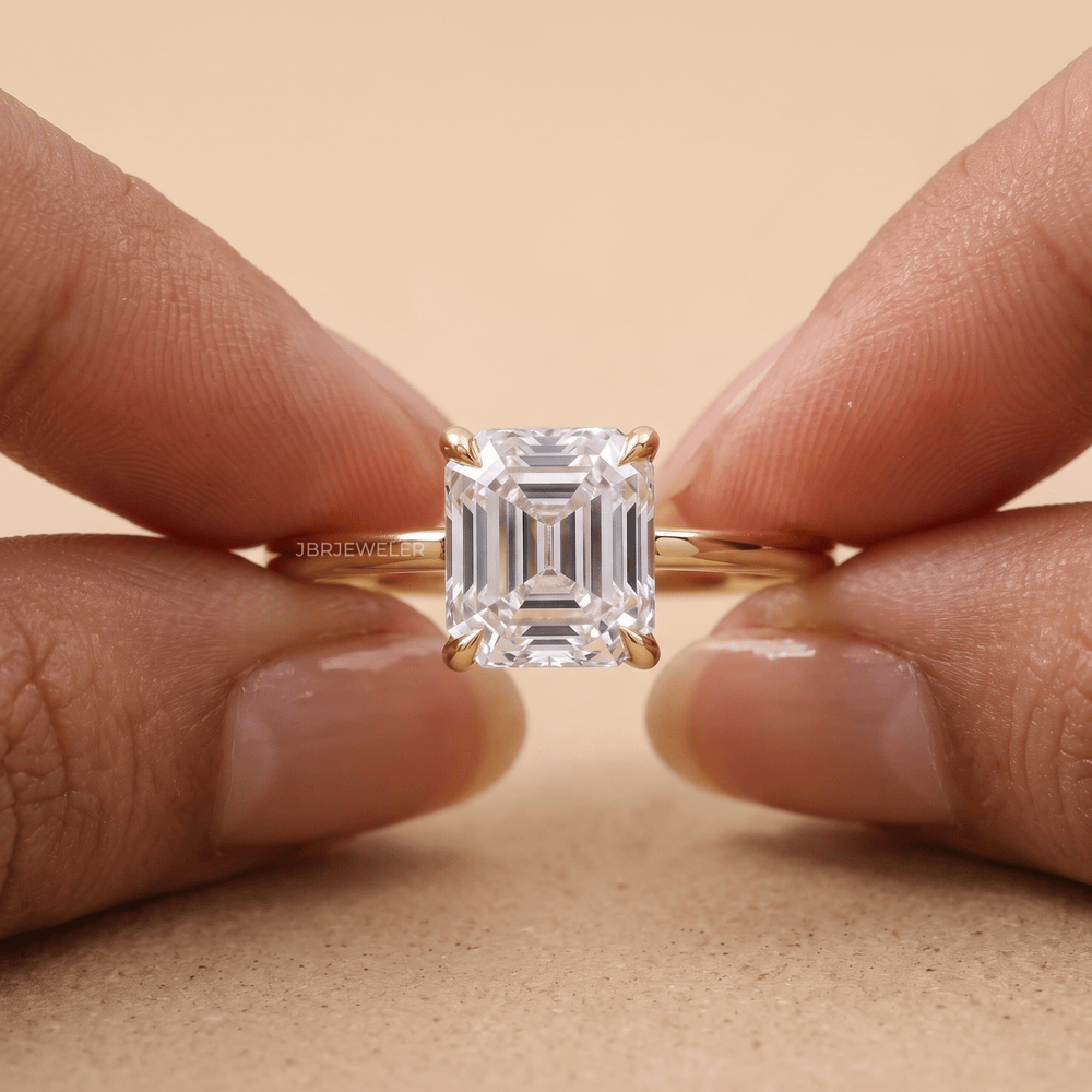 Asscher cut lab grown diamond ring on model's hand
