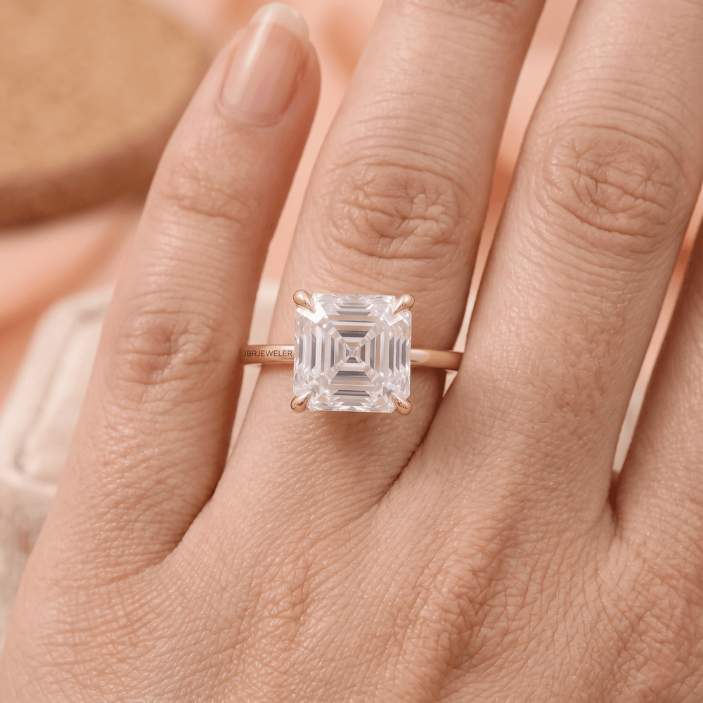 Asscher cut lab grown diamond ring on model's hand