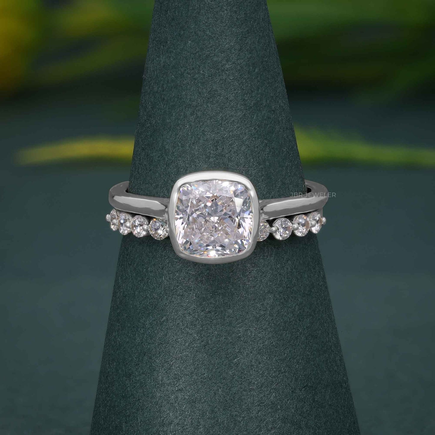 Bezel Elongated Cushion Cut Lab Grown Diamond Bridal Ring With Half Eternity Matching Band