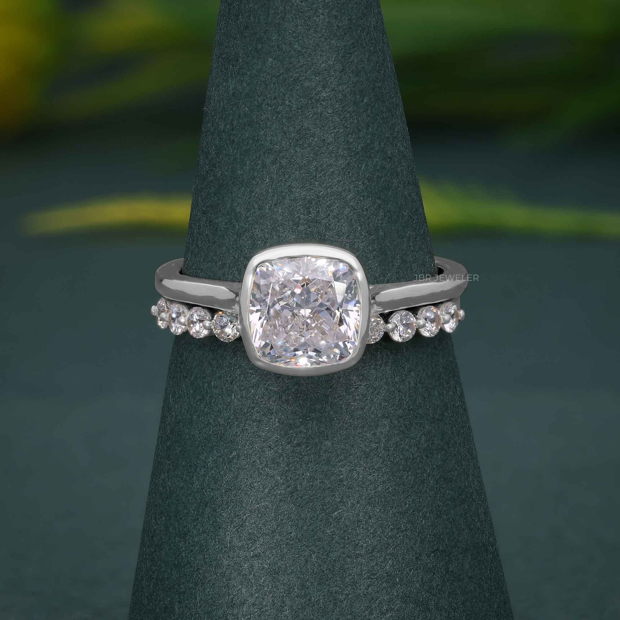 Bezel Elongated Cushion Cut Lab Grown Diamond Bridal Ring With Half Eternity Matching Band - JBR Jeweler