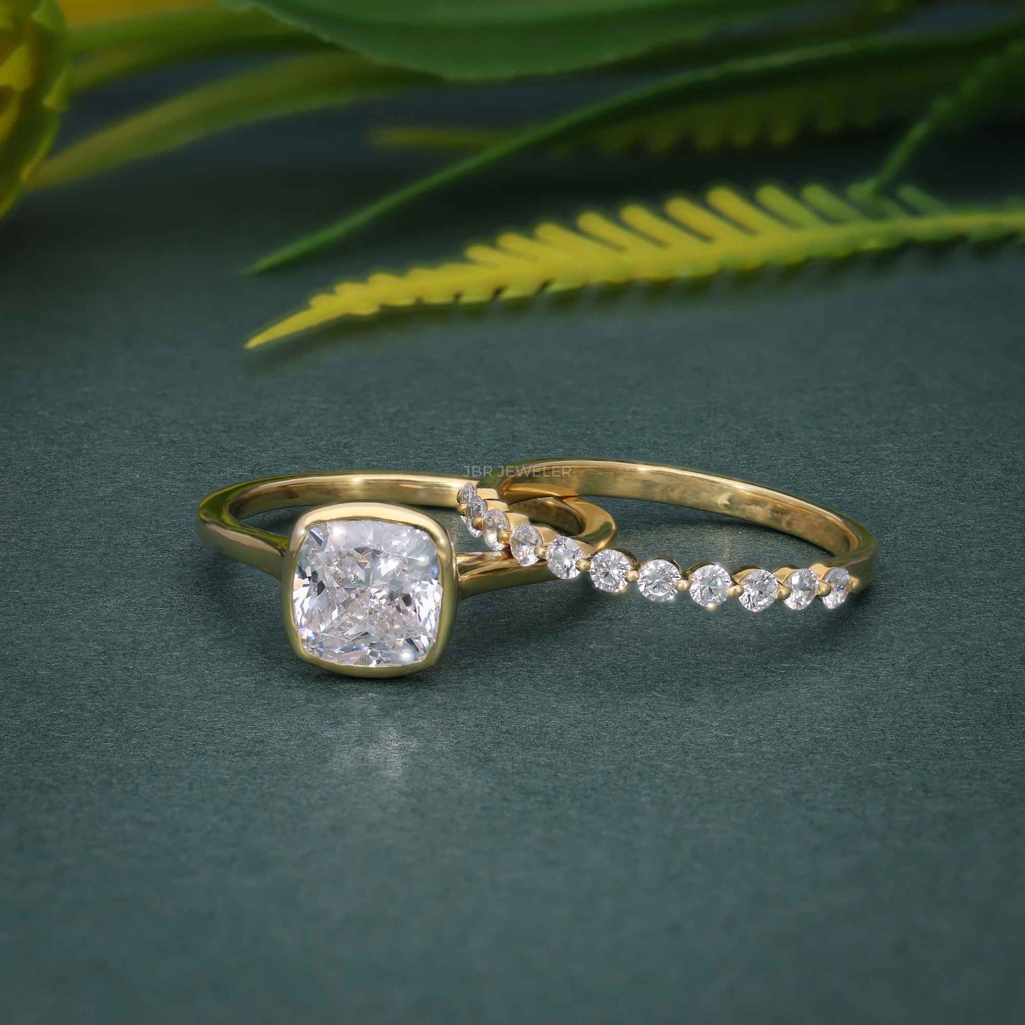 Bezel Elongated Cushion Cut Lab Grown Diamond Bridal Ring With Half Eternity Matching Band