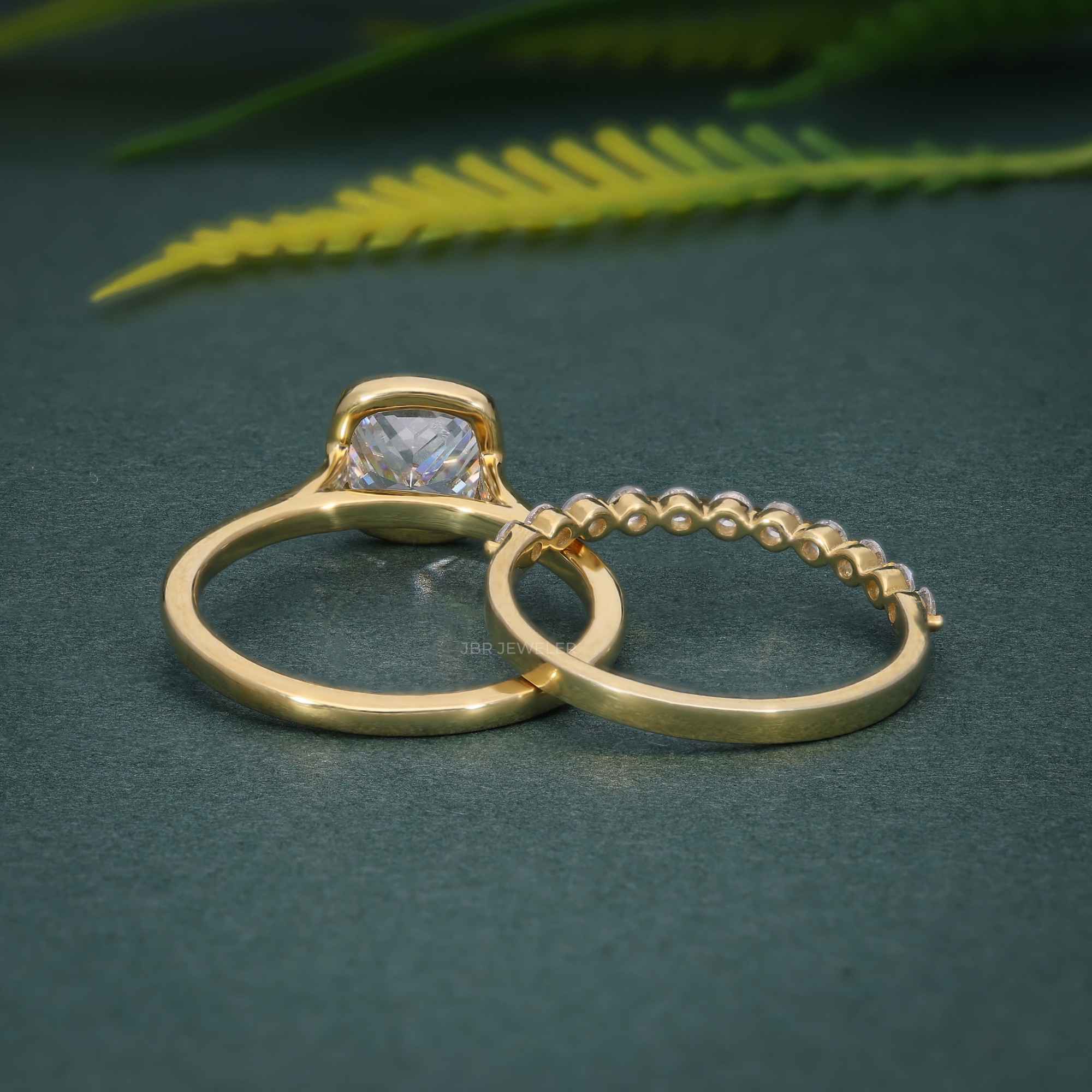 Bezel Elongated Cushion Cut Lab Grown Diamond Bridal Ring With Half Eternity Matching Band - JBR Jeweler