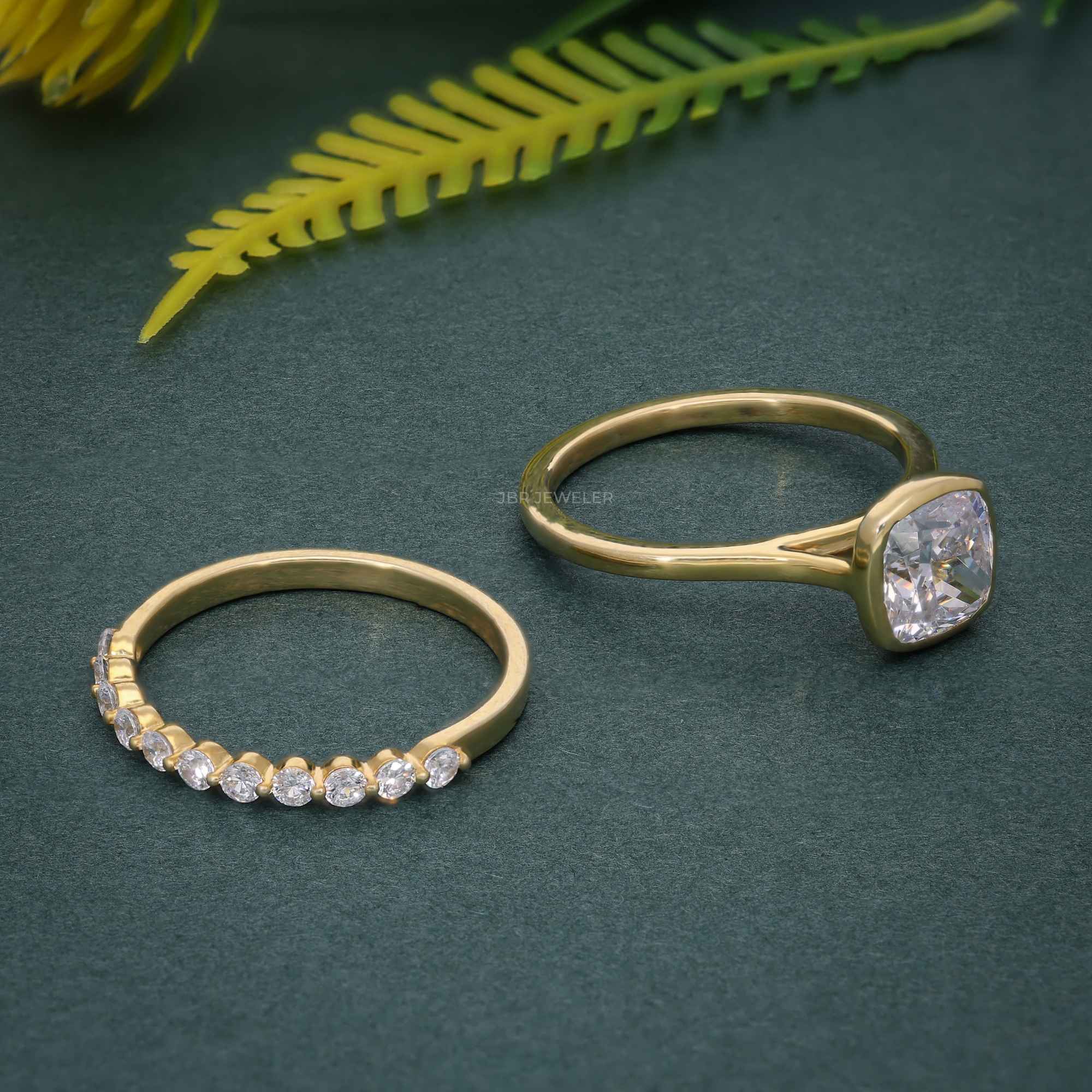 Bezel Elongated Cushion Cut Lab Grown Diamond Bridal Ring With Half Eternity Matching Band - JBR Jeweler