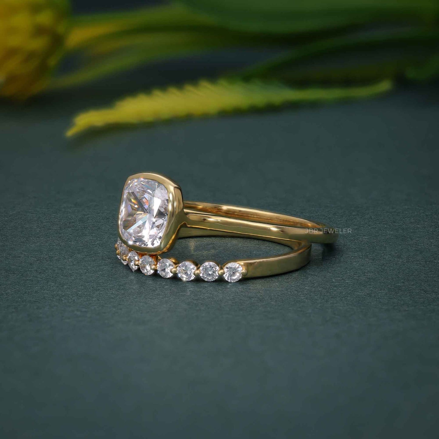 Bezel Elongated Cushion Cut Lab Grown Diamond Bridal Ring With Half Eternity Matching Band