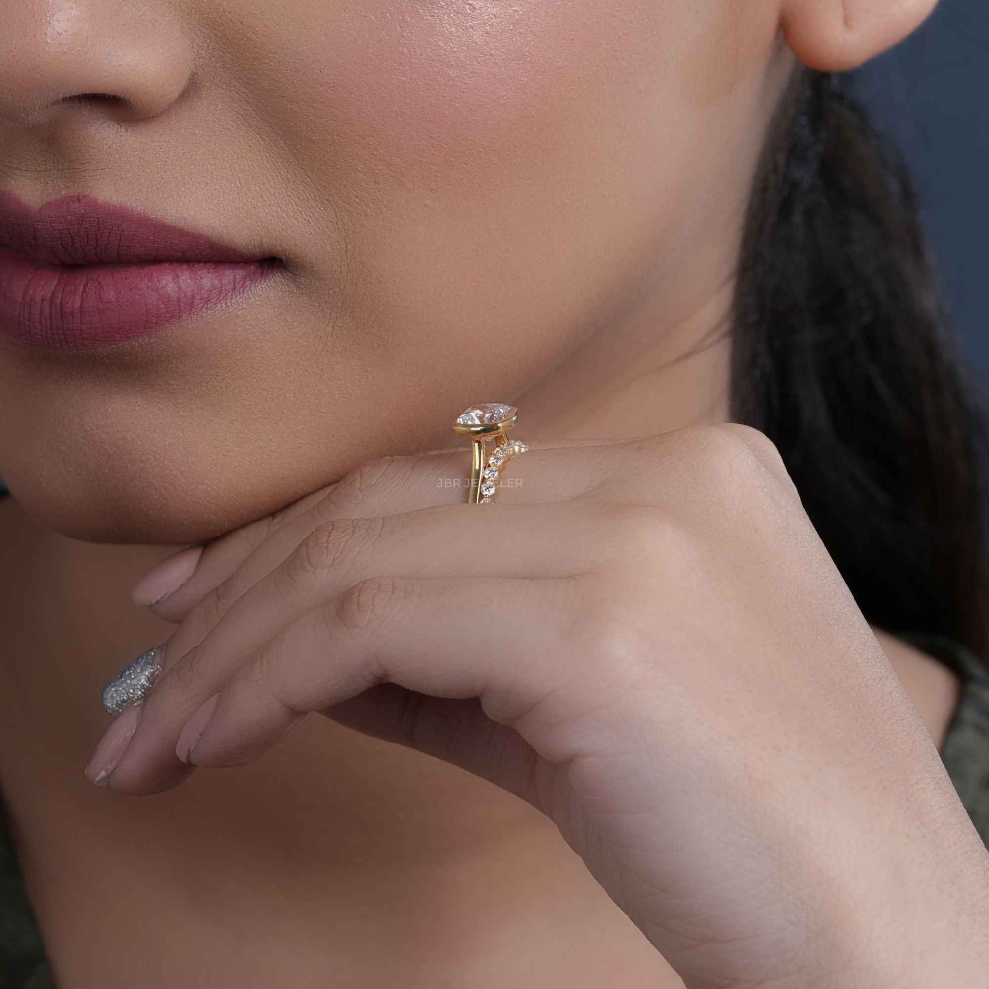 Bezel Elongated Cushion Cut Lab Grown Diamond Bridal Ring With Half Eternity Matching Band - JBR Jeweler