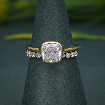 Bezel Elongated Cushion Cut Lab Grown Diamond Bridal Ring With Half Eternity Matching Band