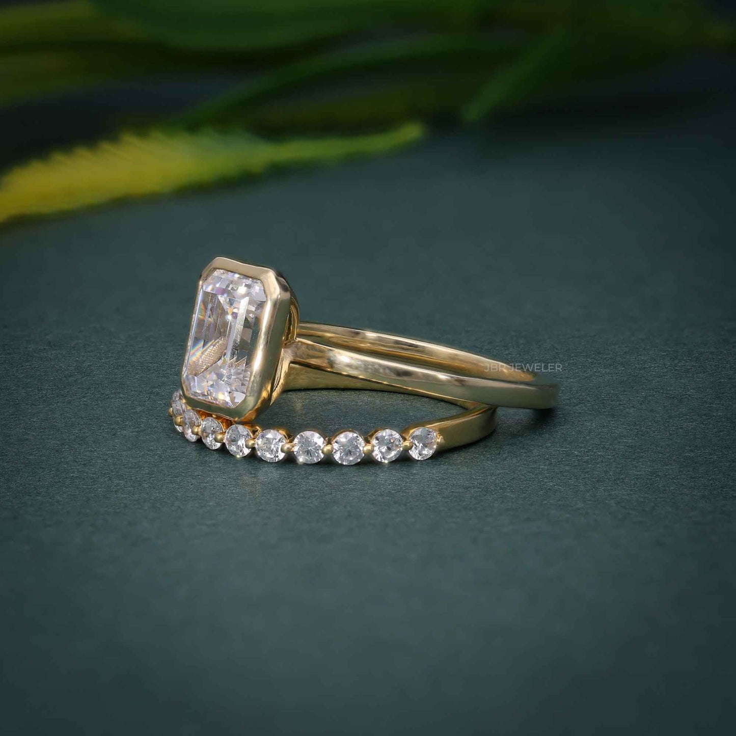 Ensembles de bagues de mariée en diamant Moissanite taille émeraude avec bande d'éternité