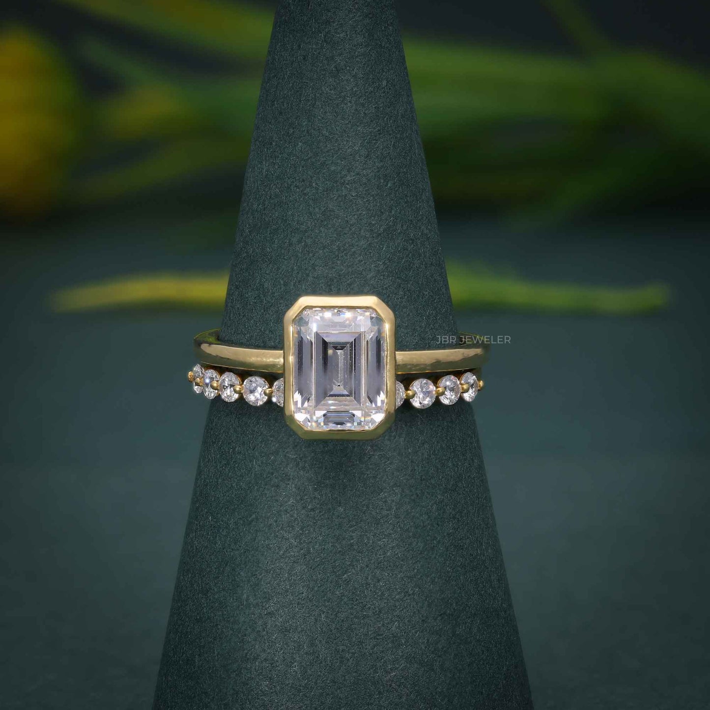 Bezel Emerald Cut Lab Grown Diamond Bridal Ring Sets With Eternity Band