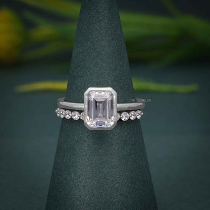 Bezel Emerald Cut Lab Grown Diamond Bridal Ring Sets With Eternity Band