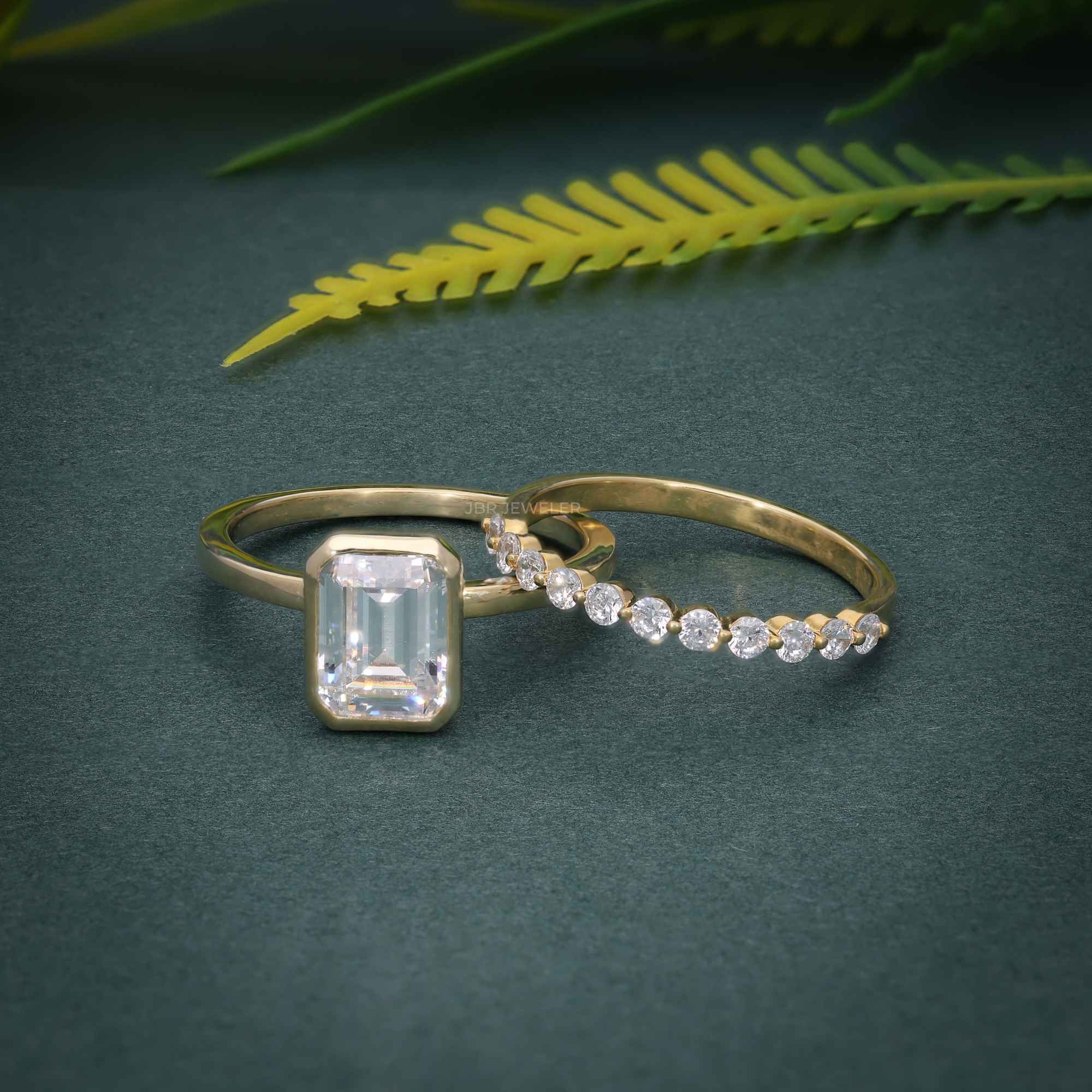 Bezel Emerald Cut Moissanite Diamond Bridal Ring Sets With Eternity Band