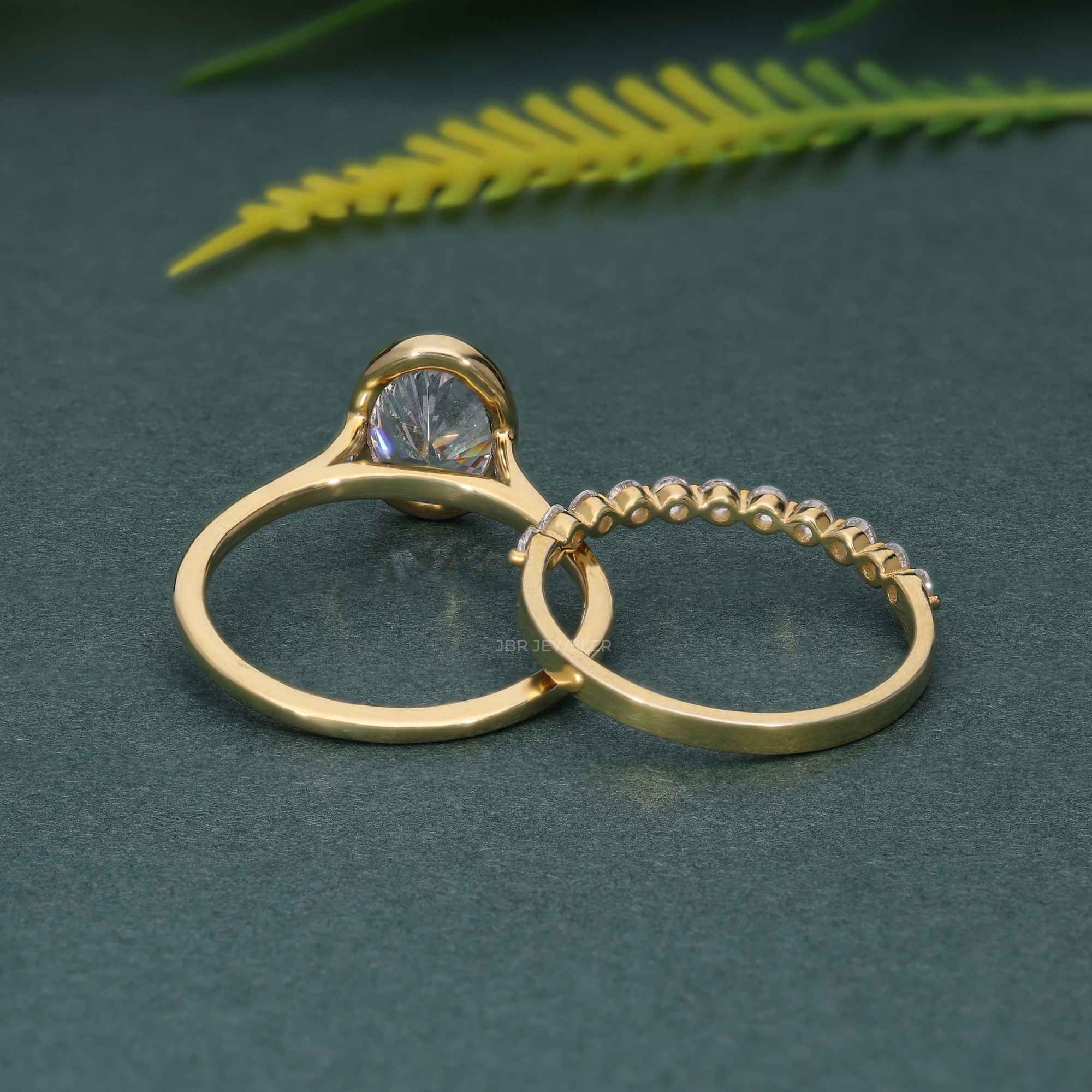 Bezel Oval Cut Lab Grown Diamond Engagement Ring Sets With Matching Band - JBR Jeweler