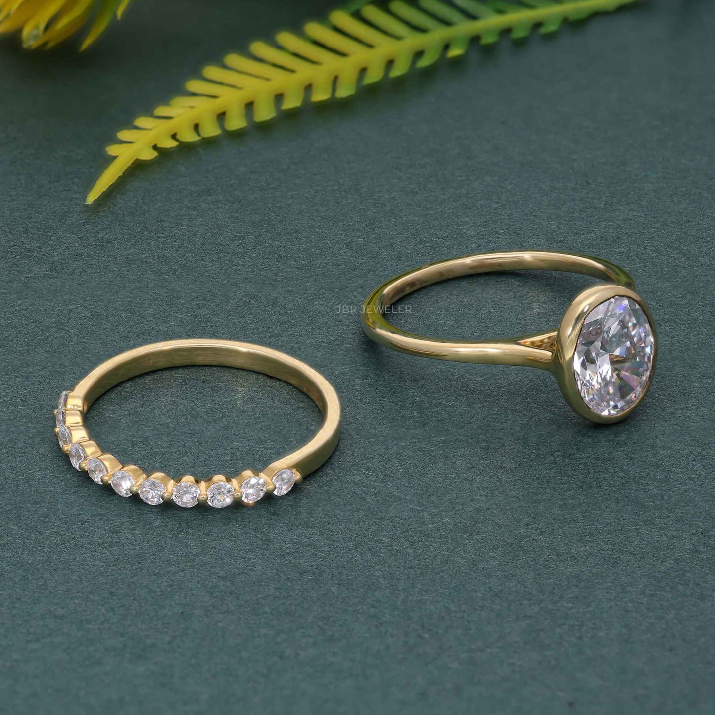 Bezel Oval Cut Lab Grown Diamond Engagement Ring Sets With Matching Band