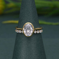 Bezel Oval Cut Lab Grown Diamond Engagement Ring Sets With Matching Band