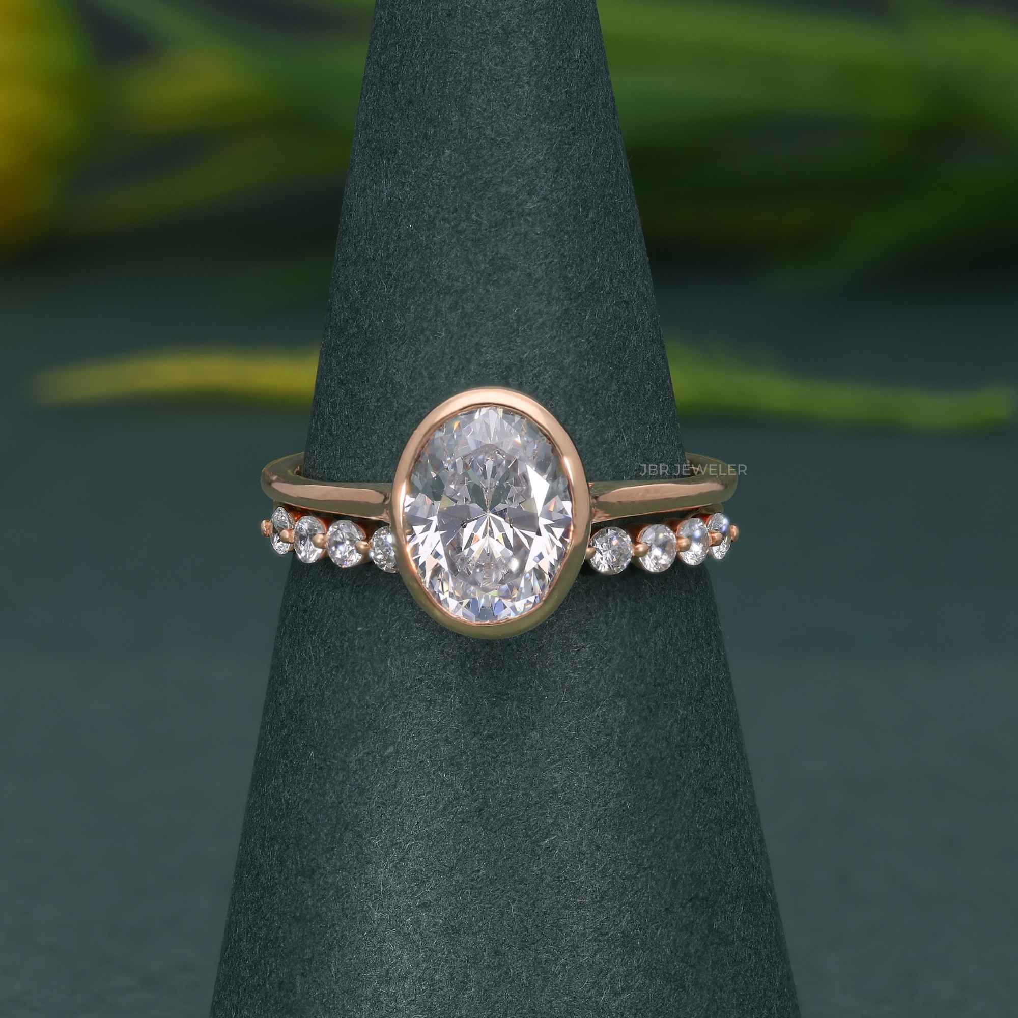 Bezel Oval Cut Lab Grown Diamond Engagement Ring Sets With Matching Band - JBR Jeweler